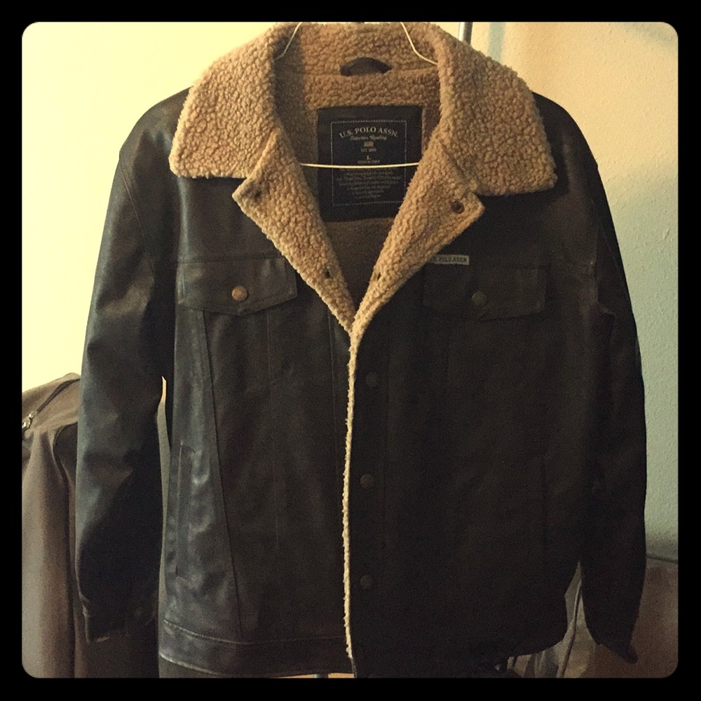 Brown leather wool lined polo jacket